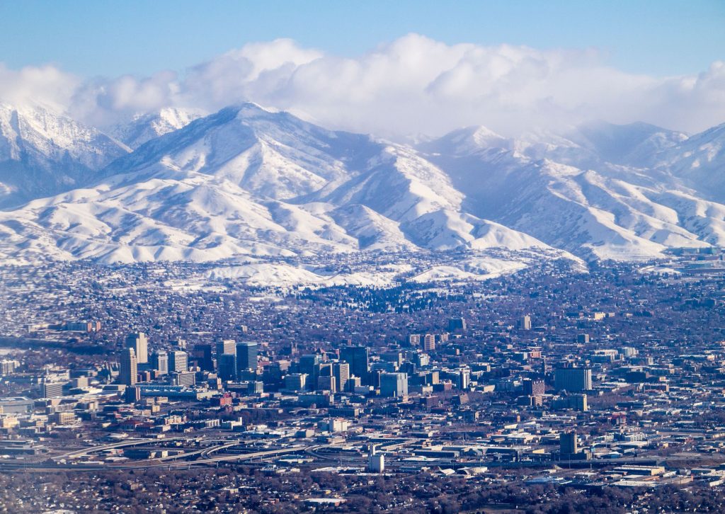Aerial view of Salt Lake City with the snow-covered Wasatch Range